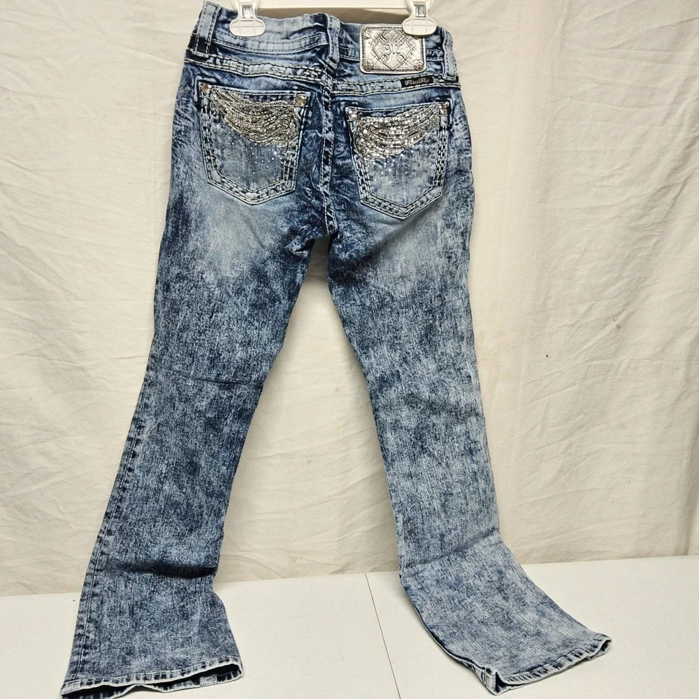 Miss Me Signature Boot Jeans Womens 26 Blue Acid Wash Embellished Low Rise 31x26